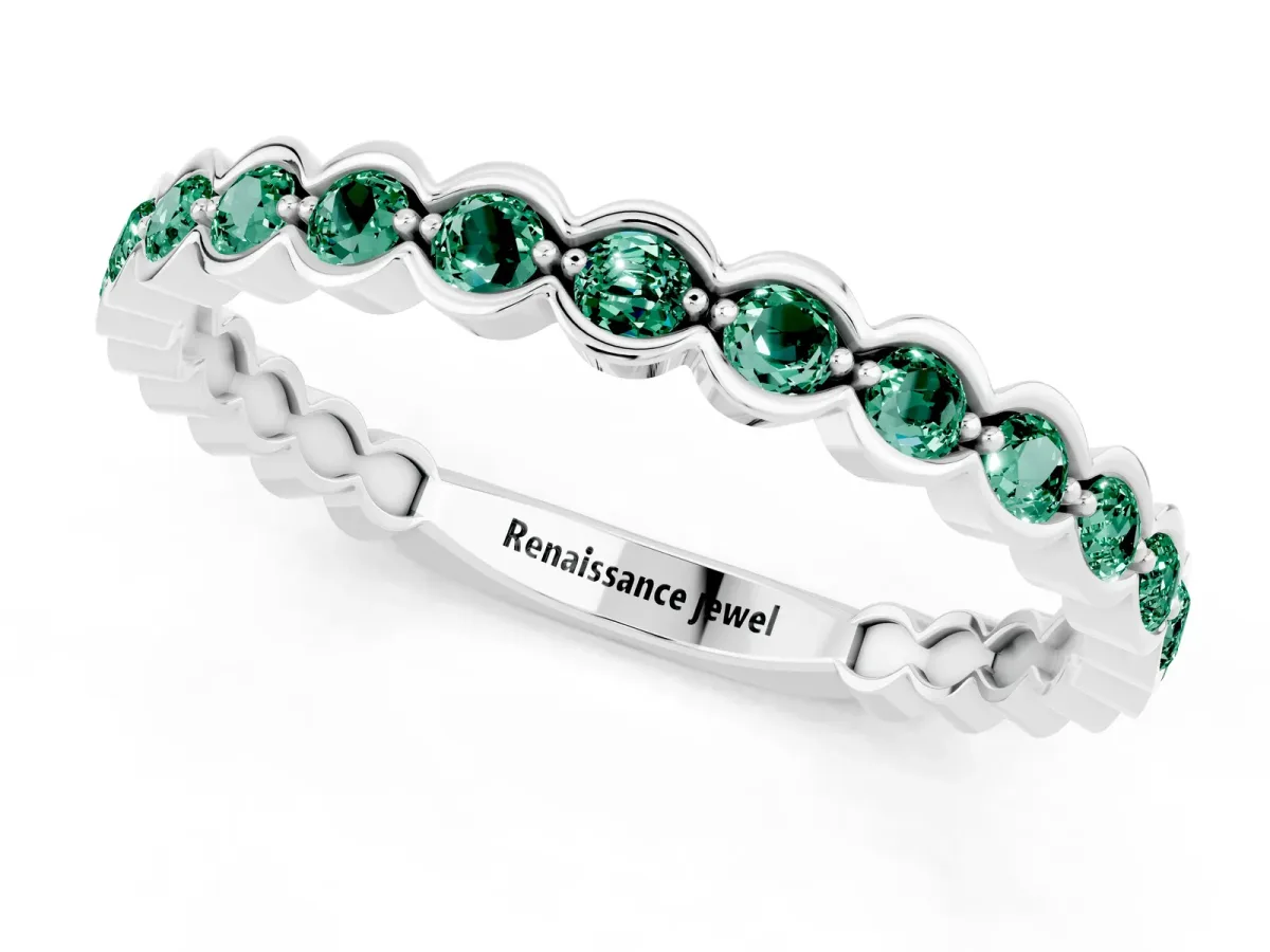 Round Green Sapphire Bezel Set Eternity Band Silver