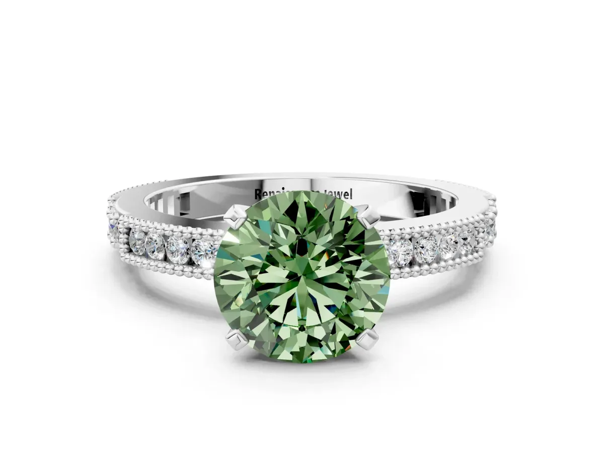 Fancy Green Round Cut Solitaire with Pavé Band and Four-Prong Setting Silver