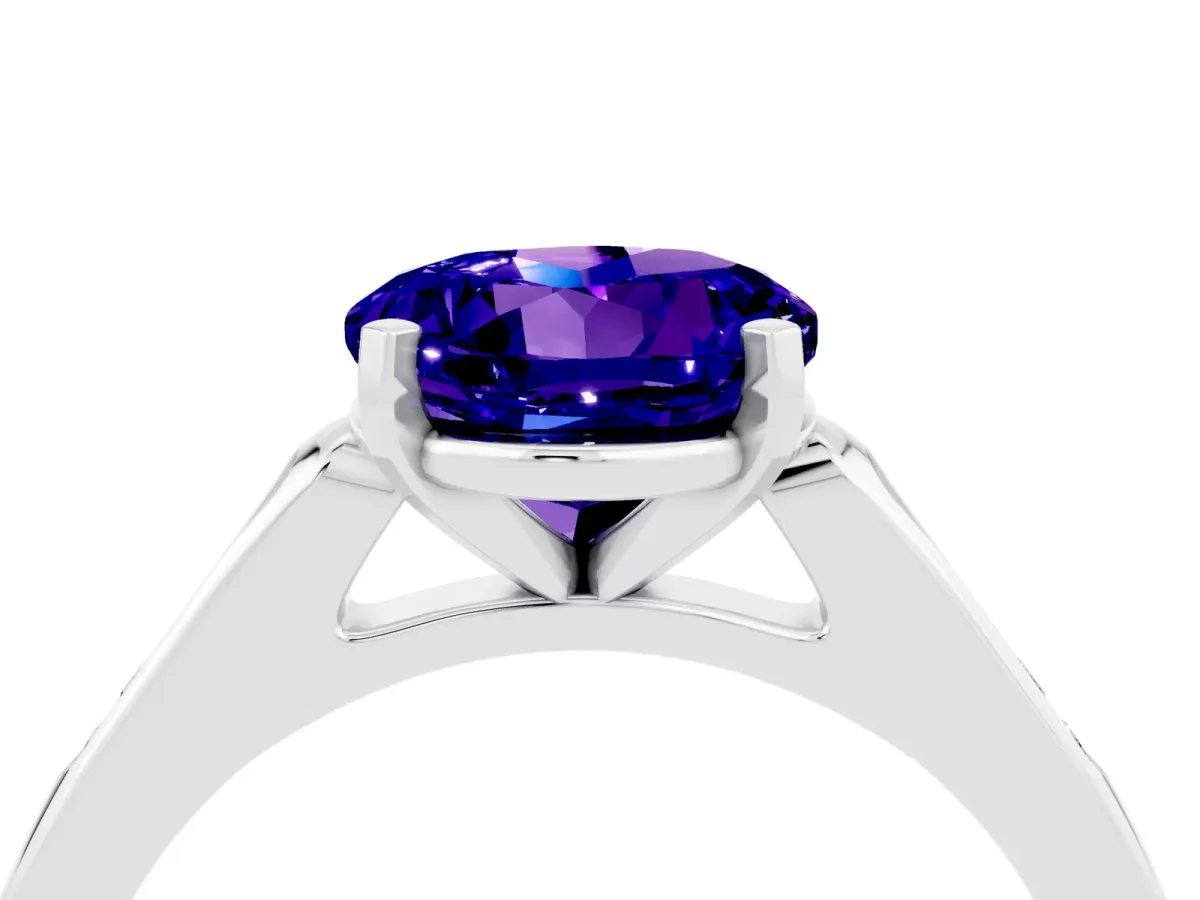 Round Cut Tanzanite Solitaire Ring with Channel Set Round Band and Prong Setting Silver