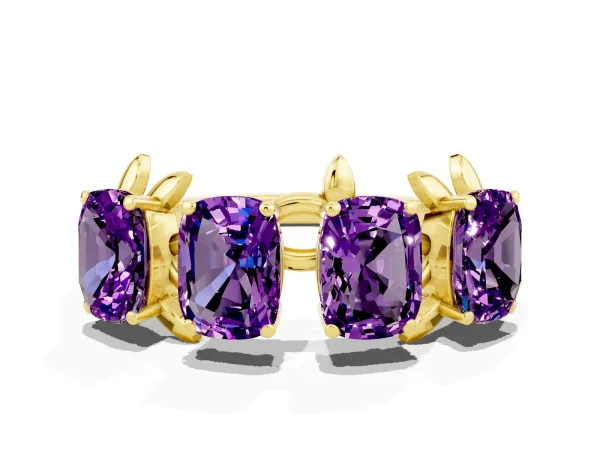 Four-Stone Elongated Cushion Amethyst Band with Nature-Inspired Prong Setting Yellow gold
