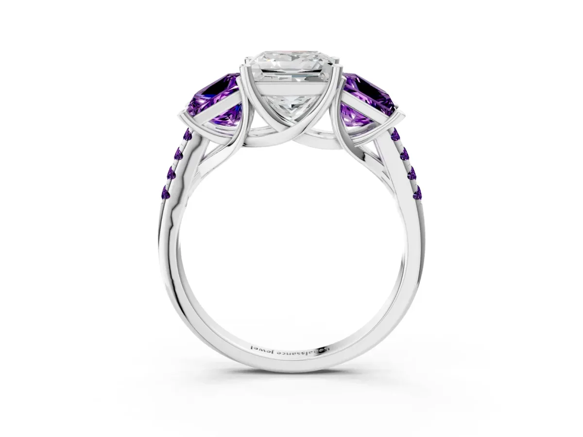 Three-Stone Princess Cut Diamond Ring with Round Amethyst Pavé Band and Prong Setting Silver