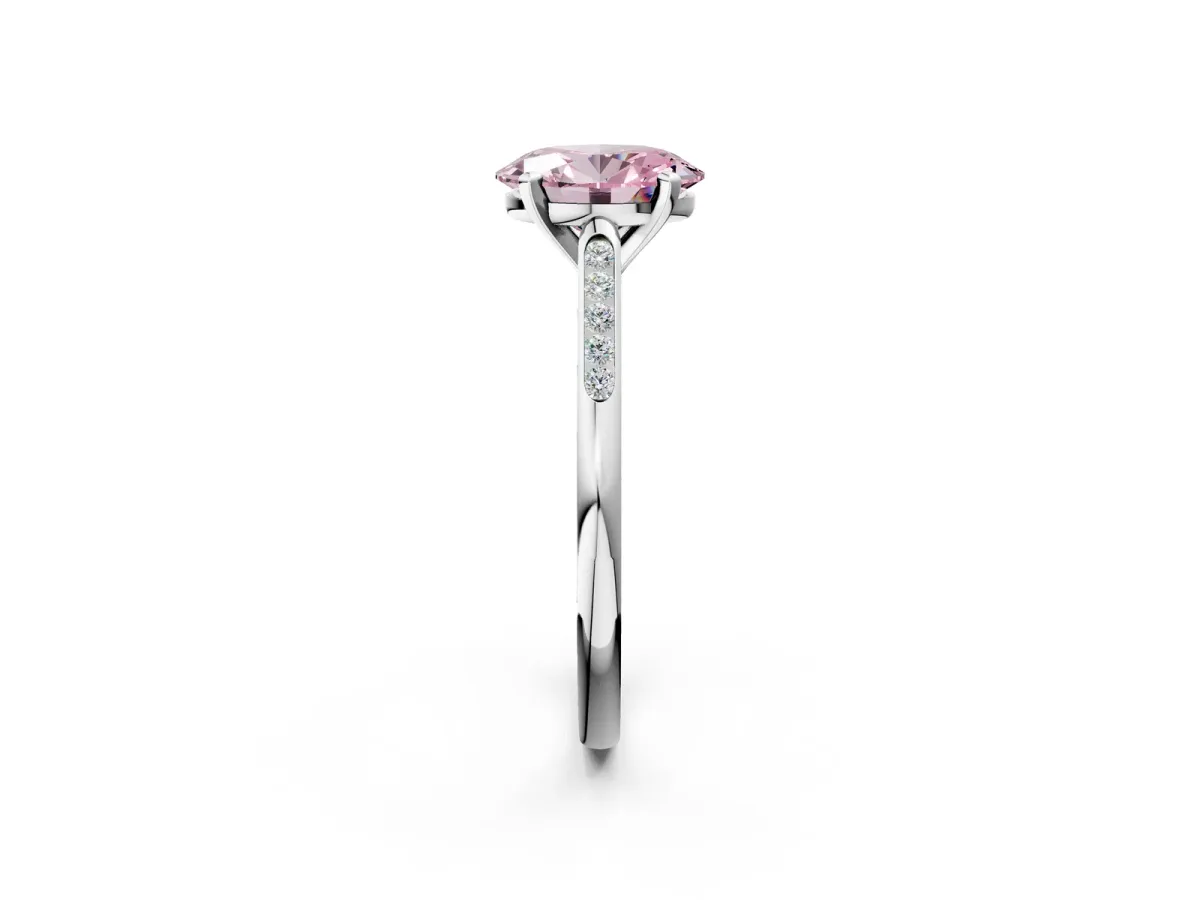 Fancy Pink Oval Cut Diamond Solitaire Ring with Channel Set Round Band and Prong Setting Silver