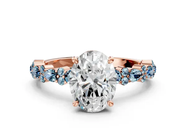 Oval Cut Diamond Side Stone Solitaire Ring with Round Aquamarine and Four-Prong Setting Rose gold