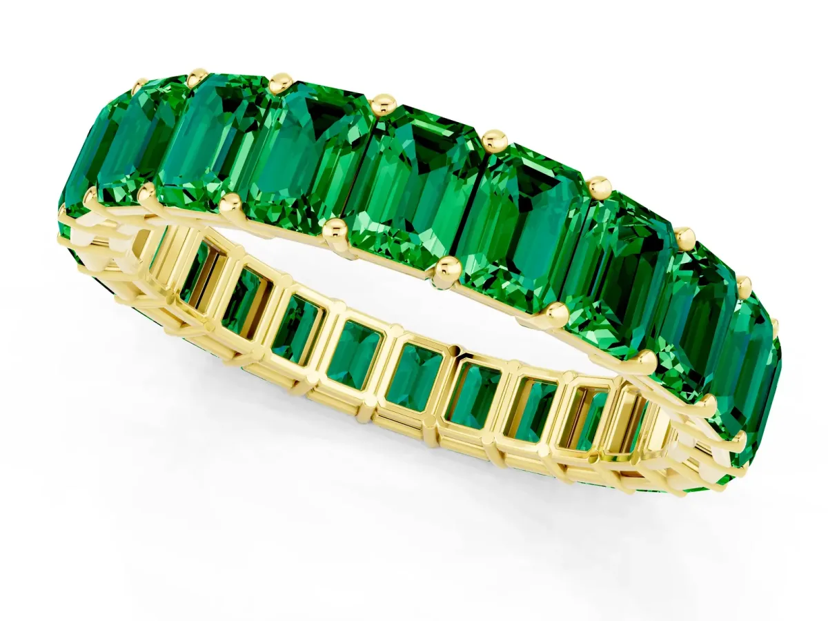 Emerald Cut Emerald Eternity Band with Shared Prong Setting Yellow gold