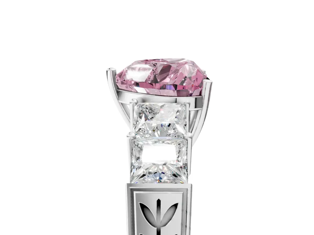 Fancy Pink Heart Cut Solitaire Princess Side Stone Engraved Band Prong Setting Ring Silver