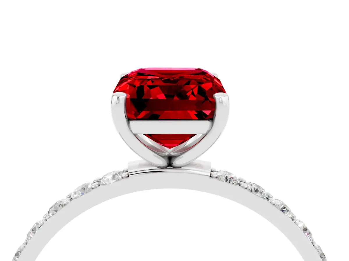 Emerald Cut Ruby Solitaire Ring with Round Pavé Band and Prong Setting Platinum