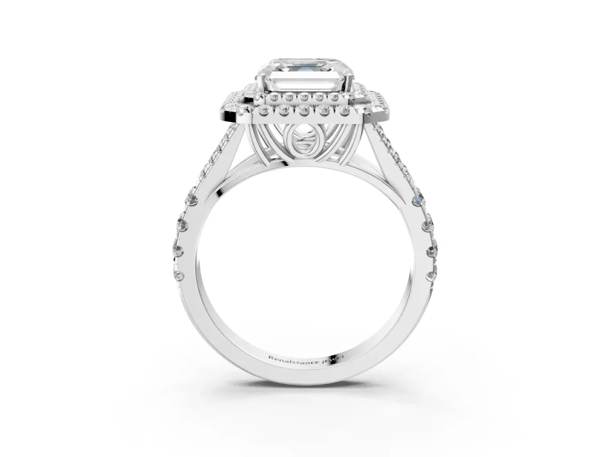 Asscher Cut Cut Double Halo Split Shank Diamond Ring with Prong Setting Platinum