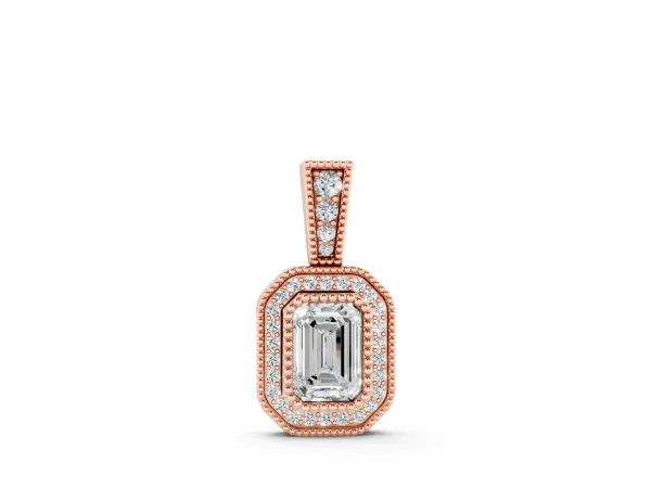 Emerald Cut Halo Diamond Pendant with Pavé Setting Rose gold