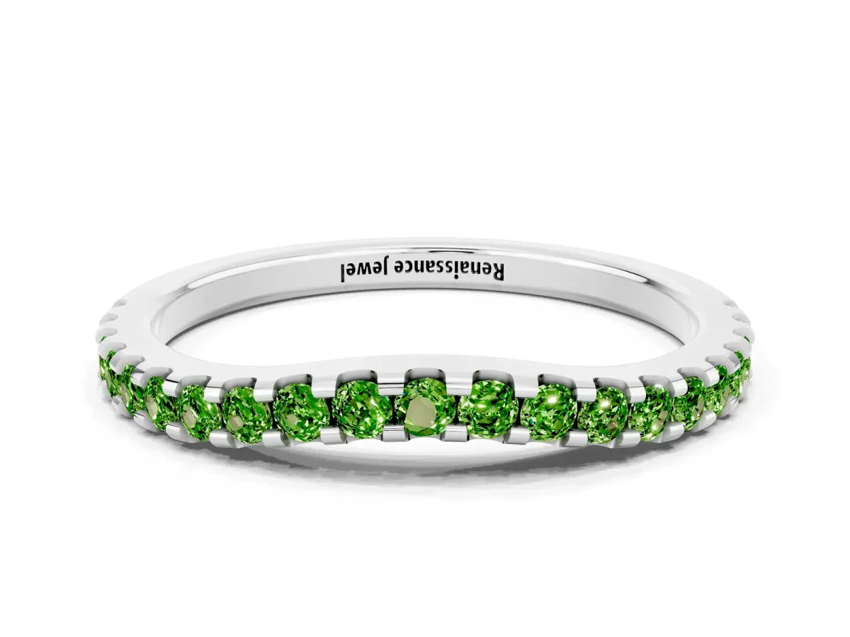 Round Peridot Pavé Curved Wedding Band Silver