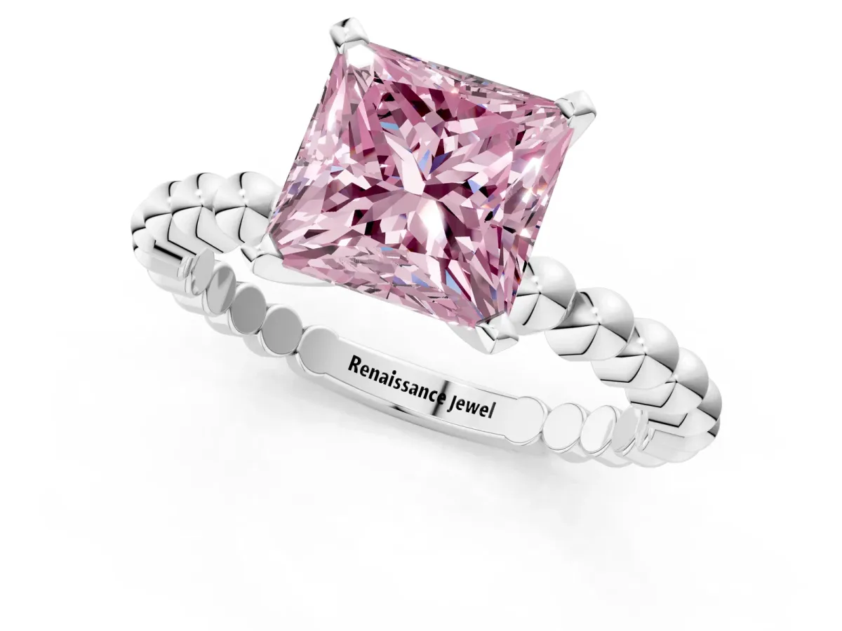 Fancy Pink Princess Cut Diamond Solitaire Ring with Beaded Band and Prong Setting Silver