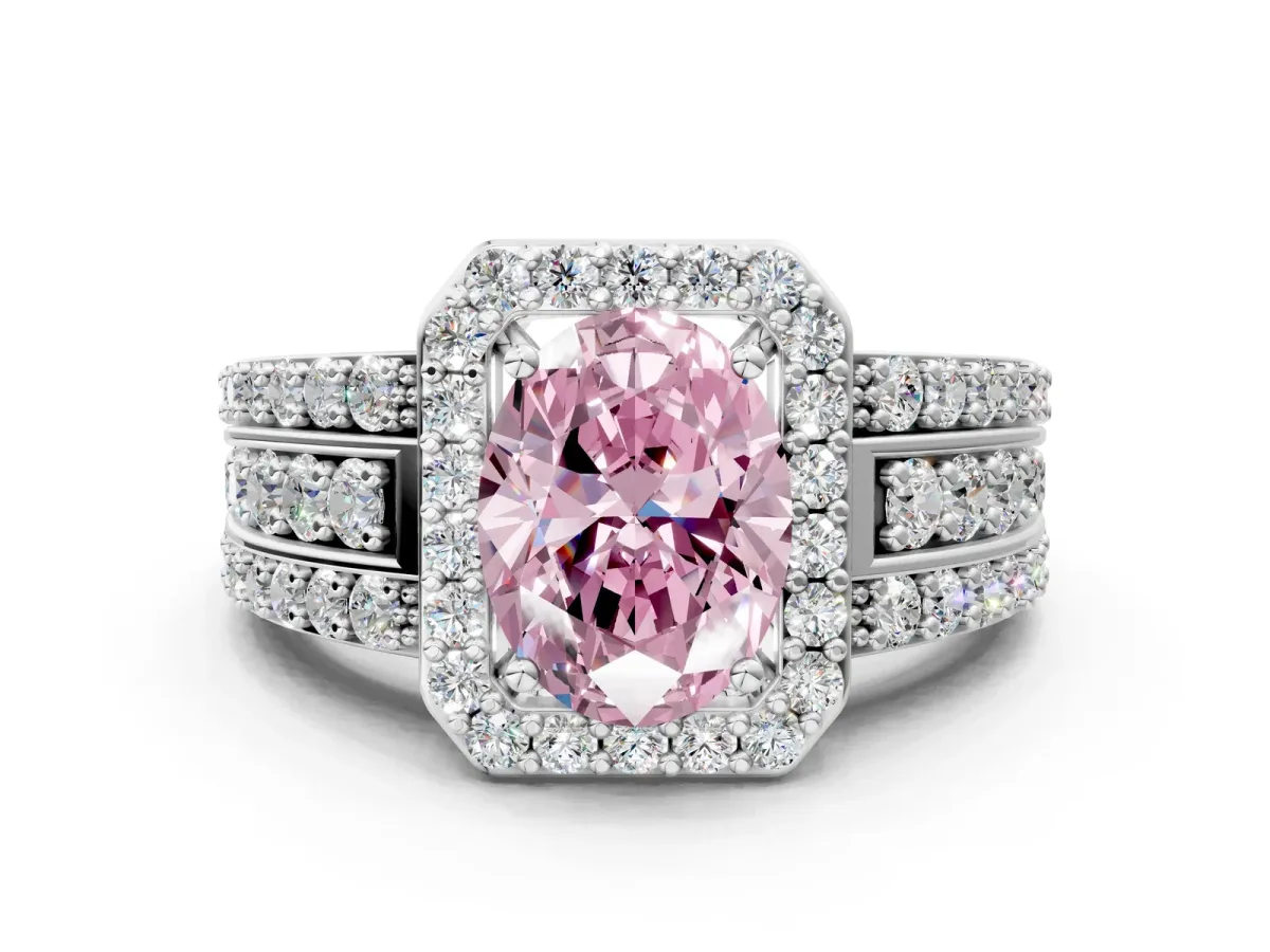 Fancy Pink Oval Cut Halo Diamond Ring with Round Split Shank and Prong Setting Platinum