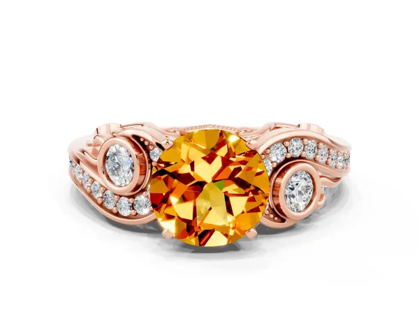 Round Cut Citrine Solitaire Ring with Milgrain Pavé Band and Four-Prong Setting Rose gold