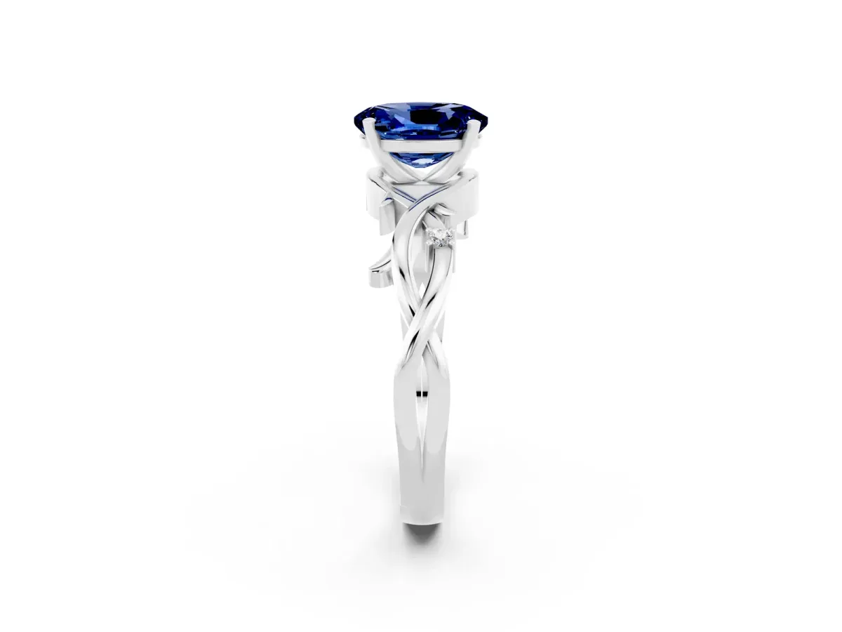 Oval Cut Blue Sapphire Solitaire Ring with Twisted Band and Prong Setting Silver