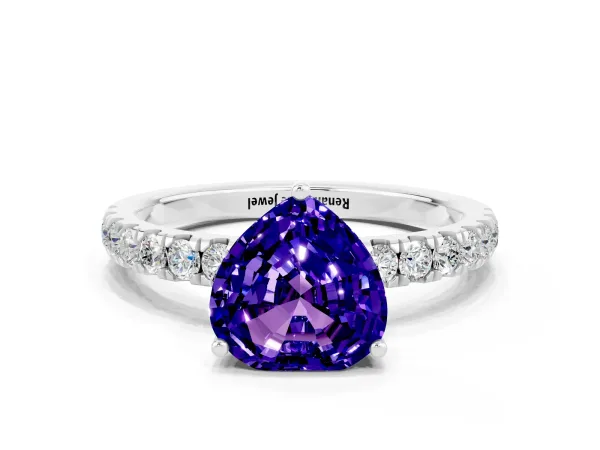Heart Cut Tanzanite Pave Band Solitaire Ring with Round and Prong Setting Platinum