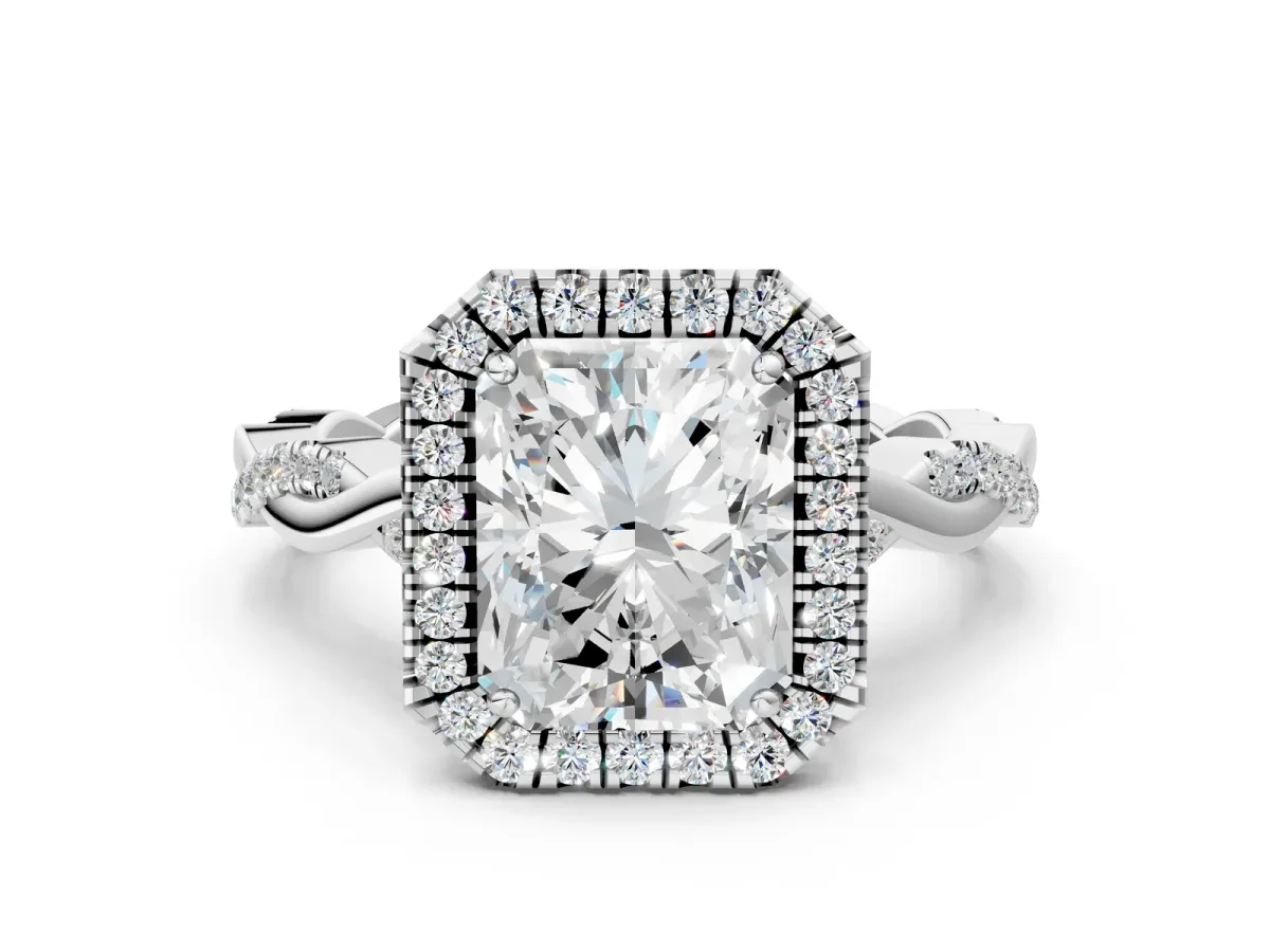 Radiant Cut Halo Twist Band Solitaire Ring Platinum