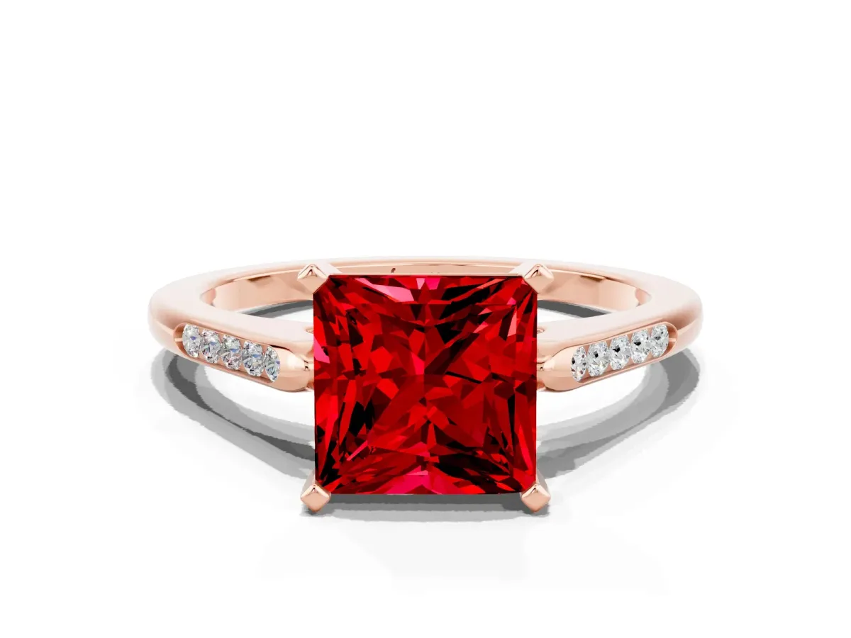 Princess Cut Ruby Solitaire Ring with Channel Set Round Band and Prong Setting Rose gold