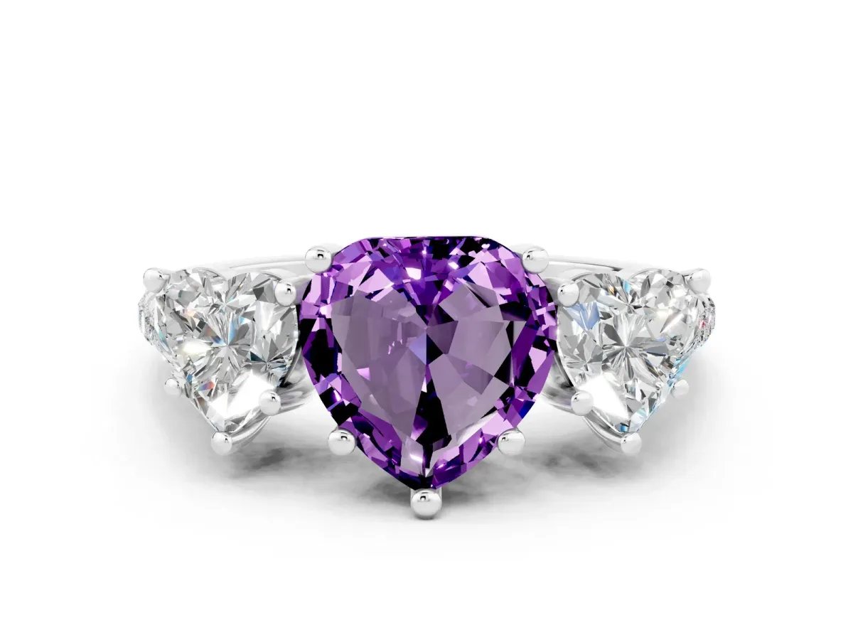 Three-Stone Heart Cut Amethyst Ring with Round Pavé Band and Prong Setting Silver
