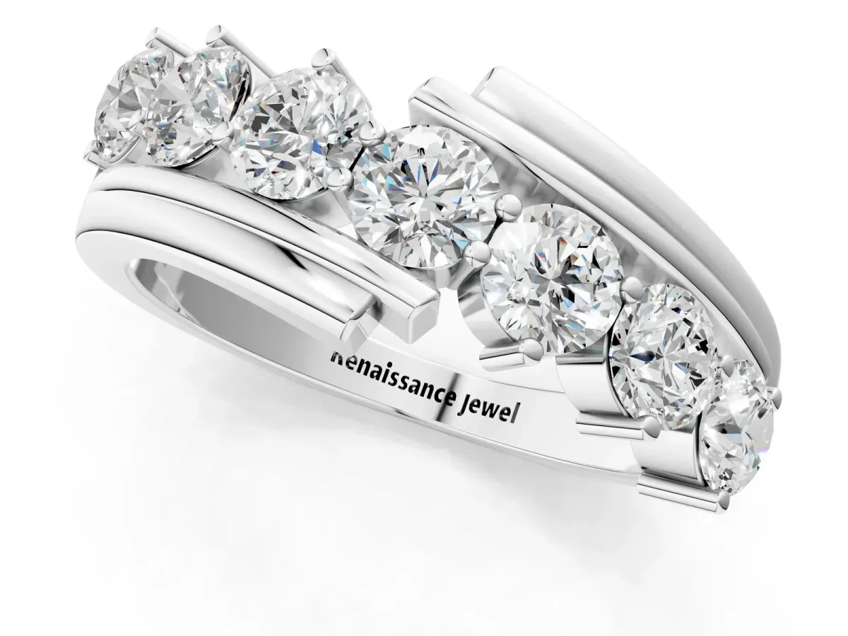 Round Diamond Wave Band with Channel and Shared Prong Setting Platinum