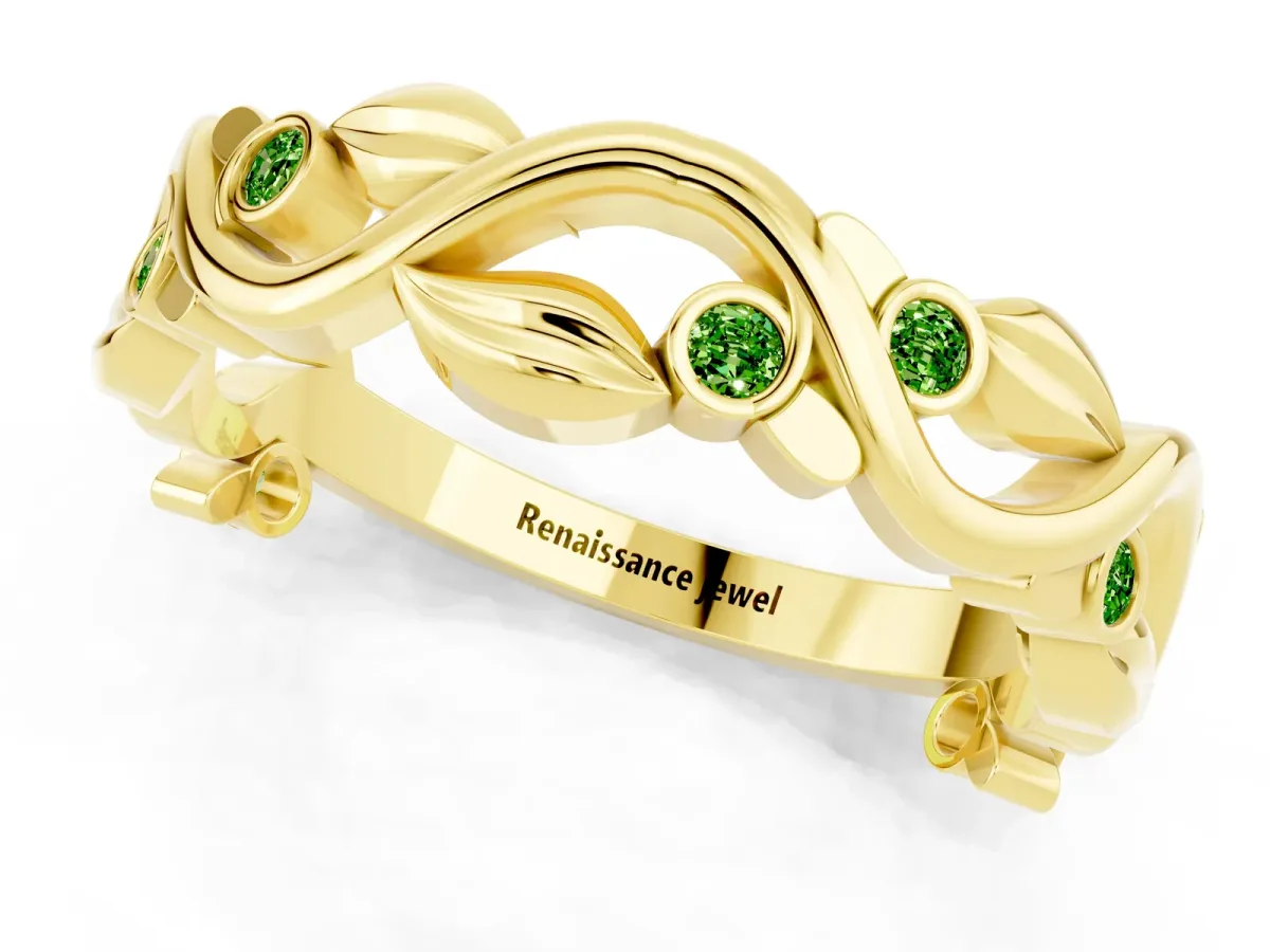 Round Peridot Leaf Eternity Band with Bezel Setting Yellow gold