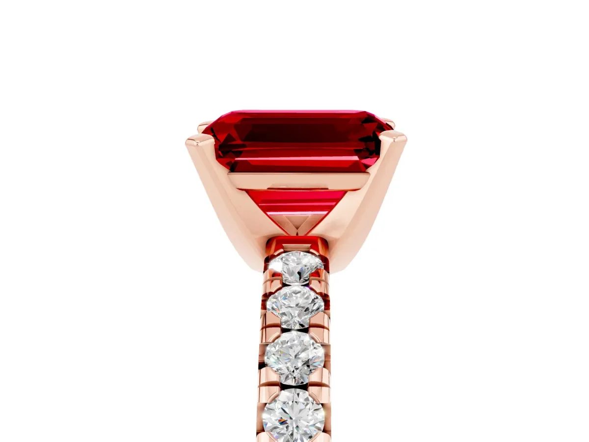 Emerald Cut Ruby Solitaire Pavé Engagement Ring with Round Band and Prong Setting Rose gold