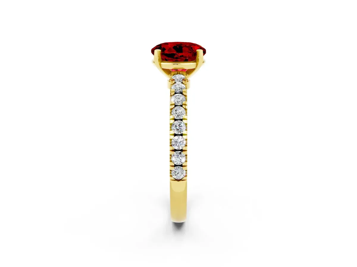 Round Cut Solitaire Ruby with Pavé Band and Four-Prong Setting Yellow gold