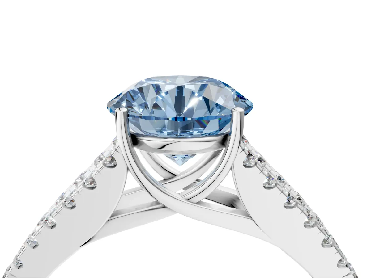 Fancy Blue Round Cut Diamond Split Shank Engagement Ring with Round Pavé and Prong Setting Platinum