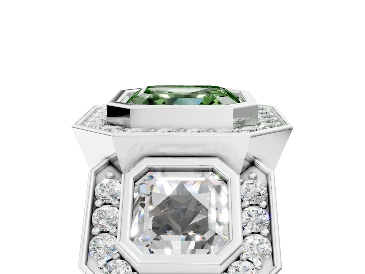Fancy Green Three-Stone Asscher Cut Halo Pavé Diamond Ring Platinum