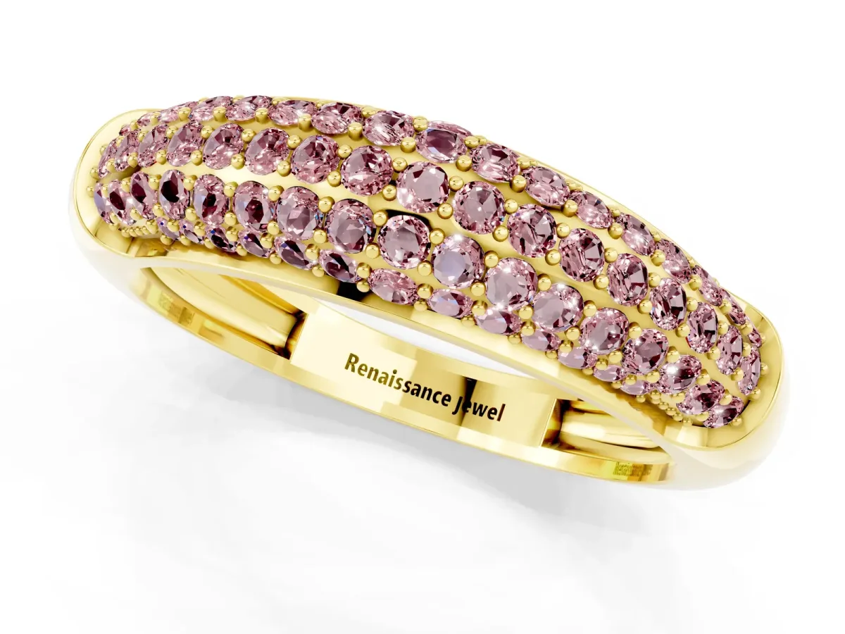 Three-Row Pavé Round Morganite Dome Band Yellow gold