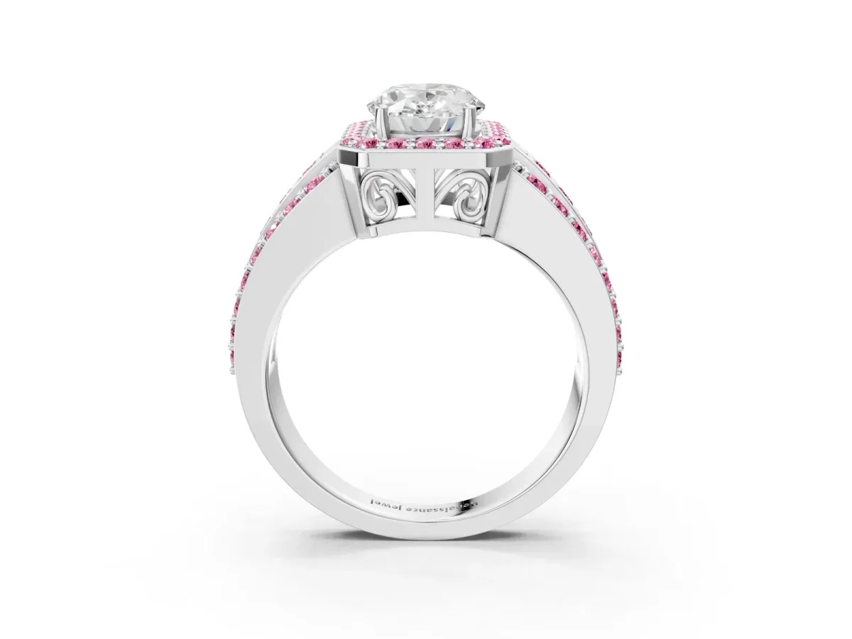Oval Cut Halo Diamond Ring with Round Pink Sapphire Split Shank and Prong Setting Silver