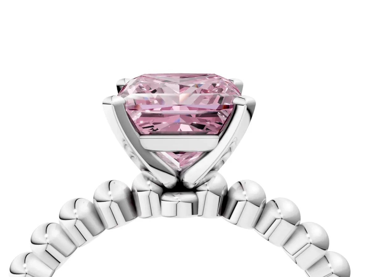 Fancy Pink Princess Cut Diamond Solitaire Ring with Beaded Band and Prong Setting Silver