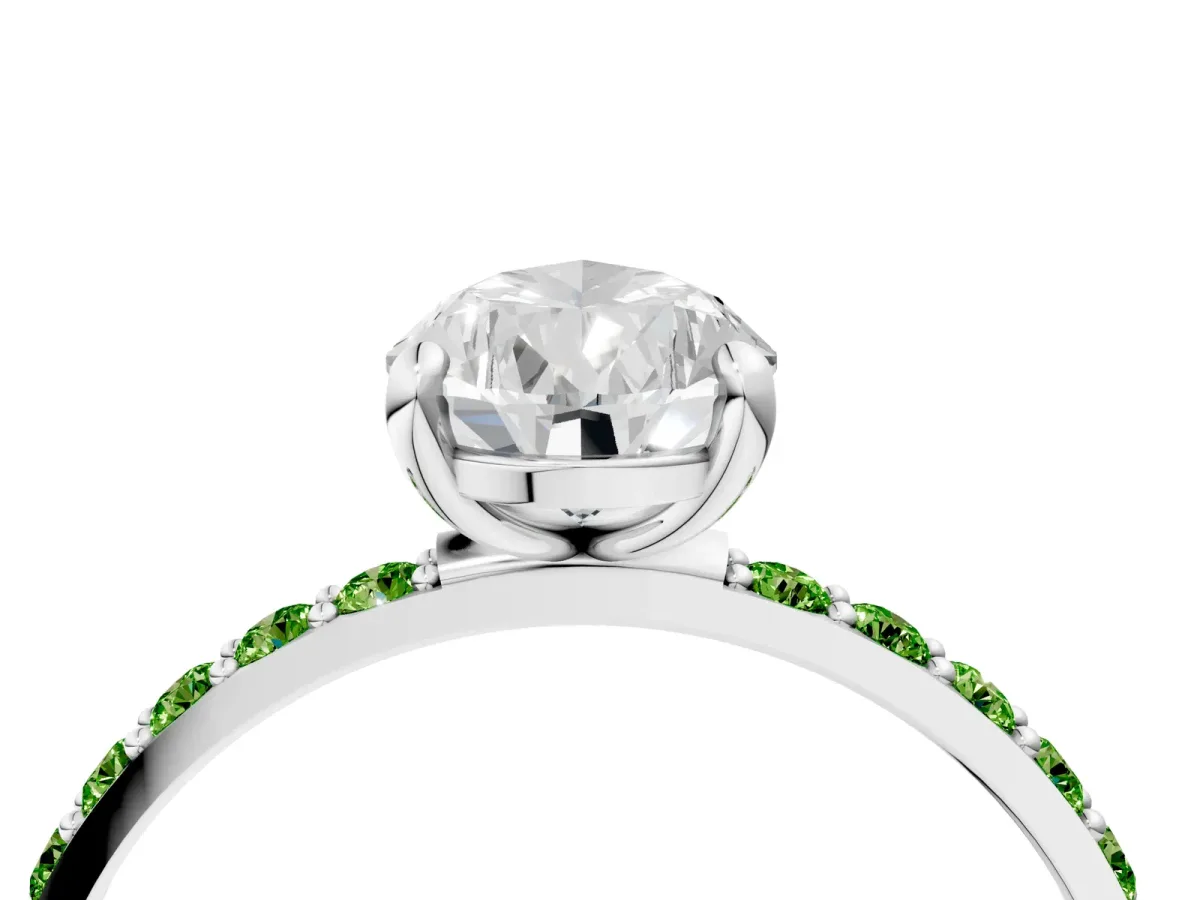 Pear Cut Diamond Solitaire Ring with Round Peridot Pavé Band and Prong Setting Platinum