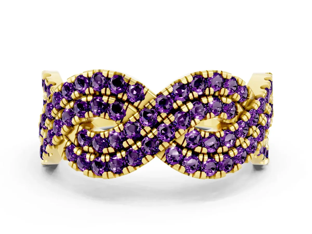 Pavé Round Amethyst Infinity Twist Band with Shared Prong Setting Yellow gold