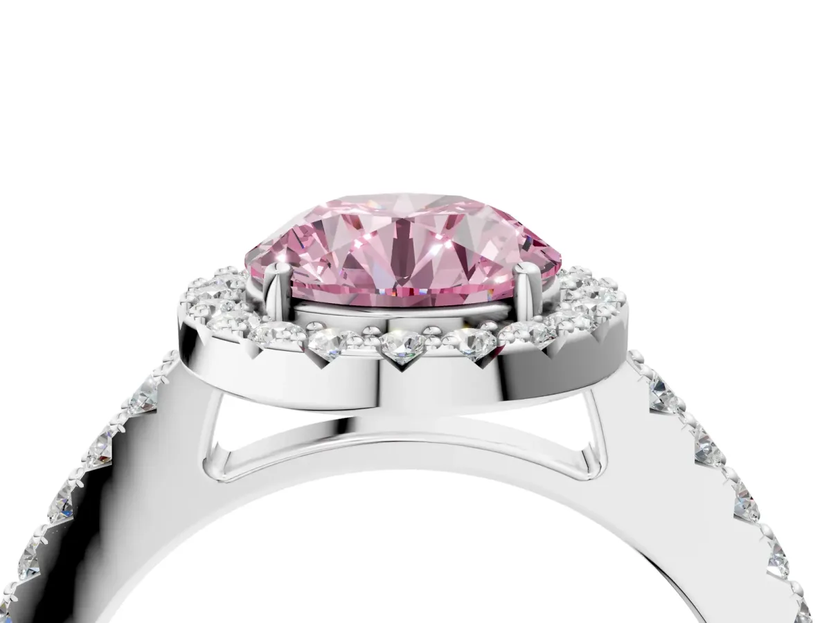 Fancy Pink Round Cut Halo Diamond Pavé Solitaire Ring Platinum