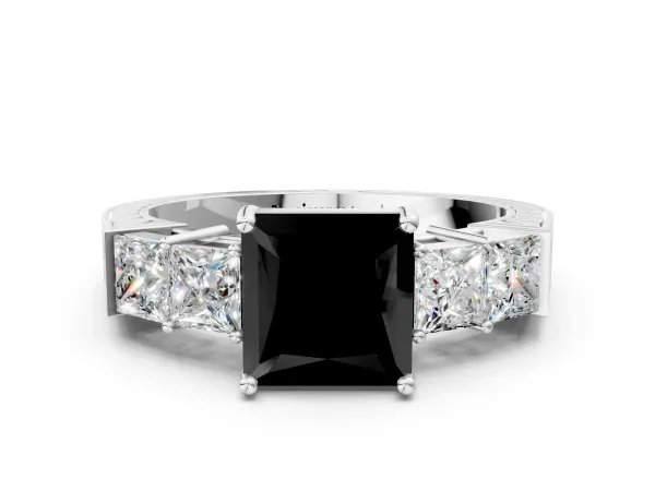 Fancy Black Princess Cut Solitaire Princess Side Stone Engraved Band Prong Setting Ring Platinum
