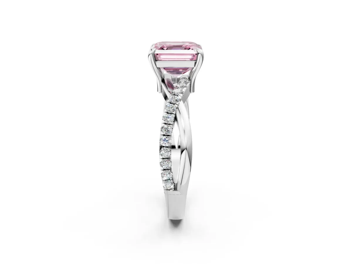 Fancy Pink Asscher Cut Cut Twist Band Solitaire Diamond Ring with Pavé Setting Platinum