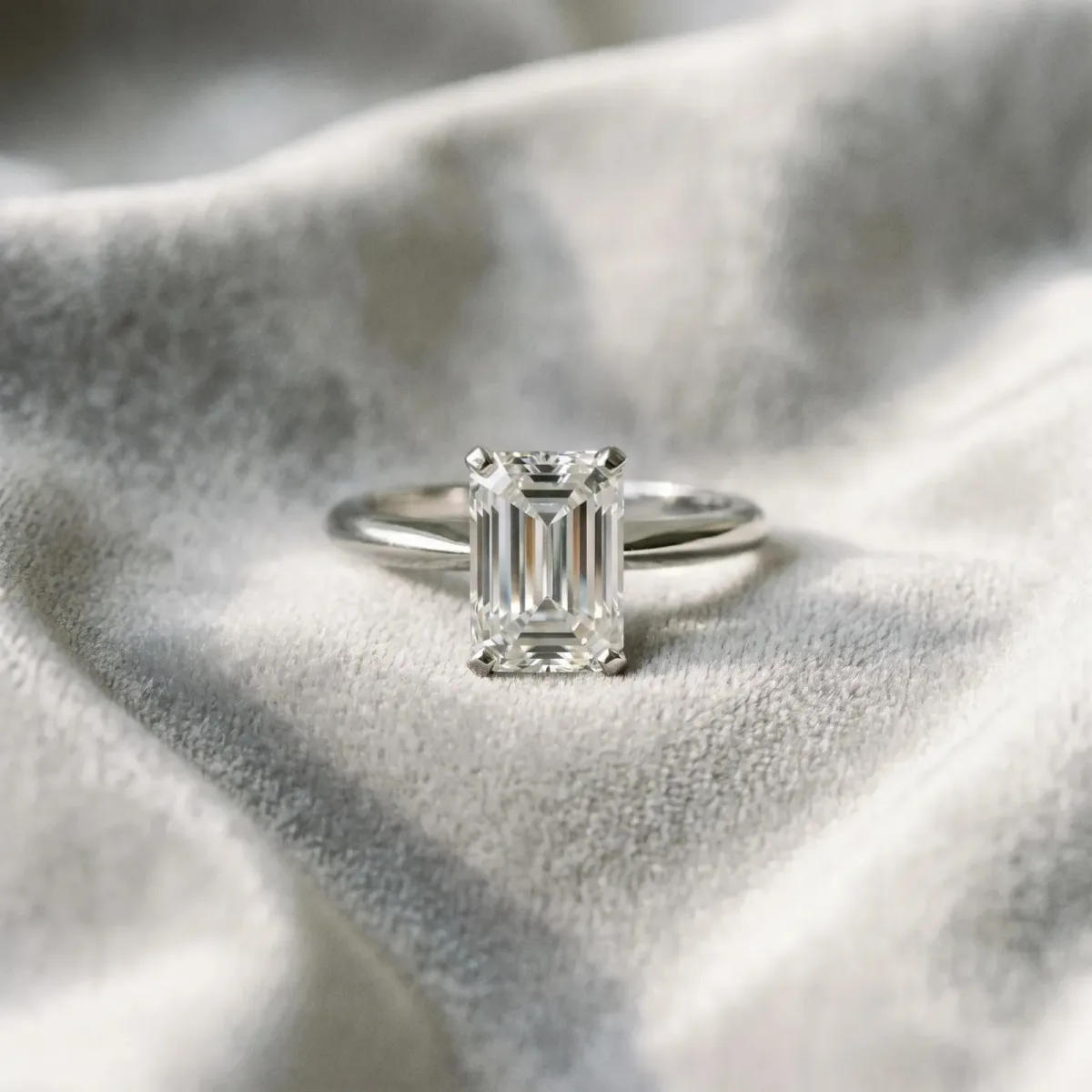 Emerald Cut Diamond Solitaire Engagement Ring with Classic Band and Four-Prong Setting Silver