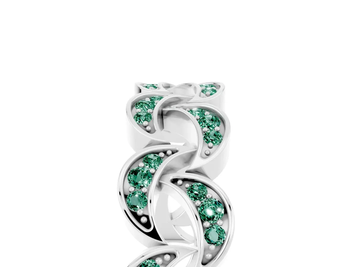 Pavé Round Green Sapphire Interlocking Eternity Band with Bezel Prong Setting White gold
