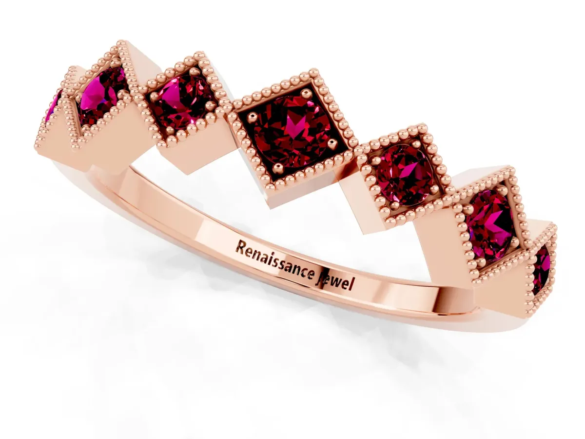 Milgrain Square Bezel Round Garnet Chevron Band Rose gold