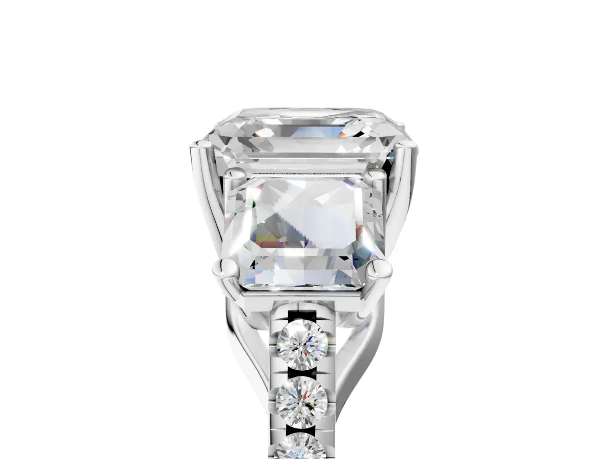 Three-Stone Asscher Cut Diamond Ring with Round Pavé Band and Prong Setting White gold