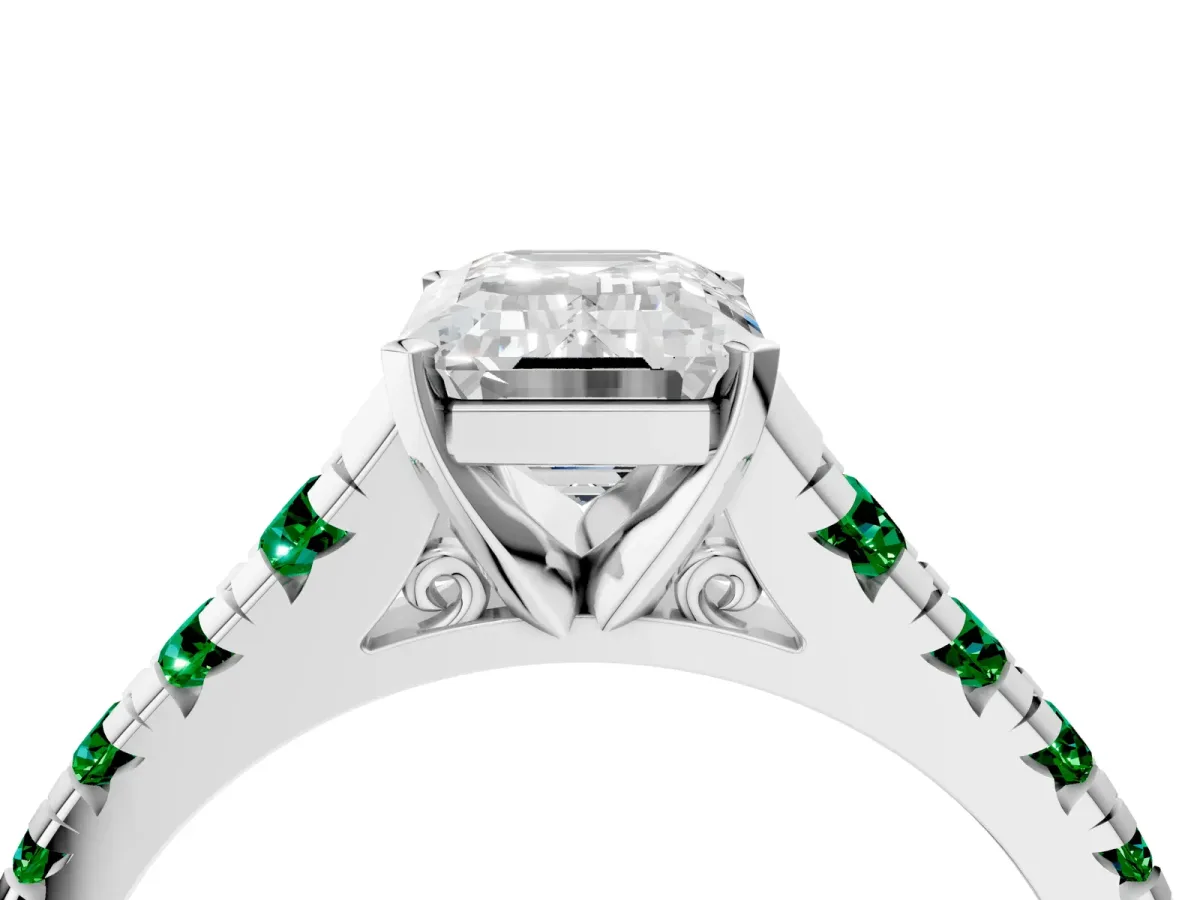 Emerald Cut Diamond Cathedral Solitaire Ring with Round Emerald Pavé Band Platinum