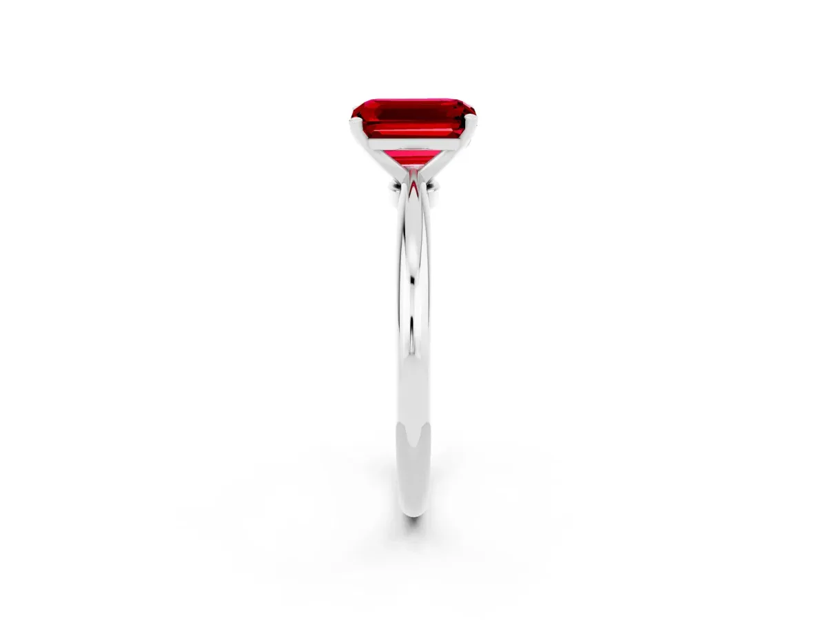 Emerald Cut Ruby Solitaire Ring with Six-Prong Setting and Classic Band Silver