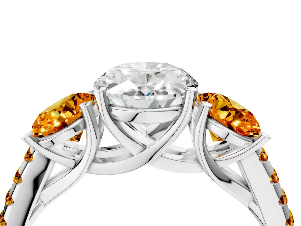 Three-Stone Oval Cut Diamond Ring with Round Citrine Pavé Band and Prong Setting Platinum