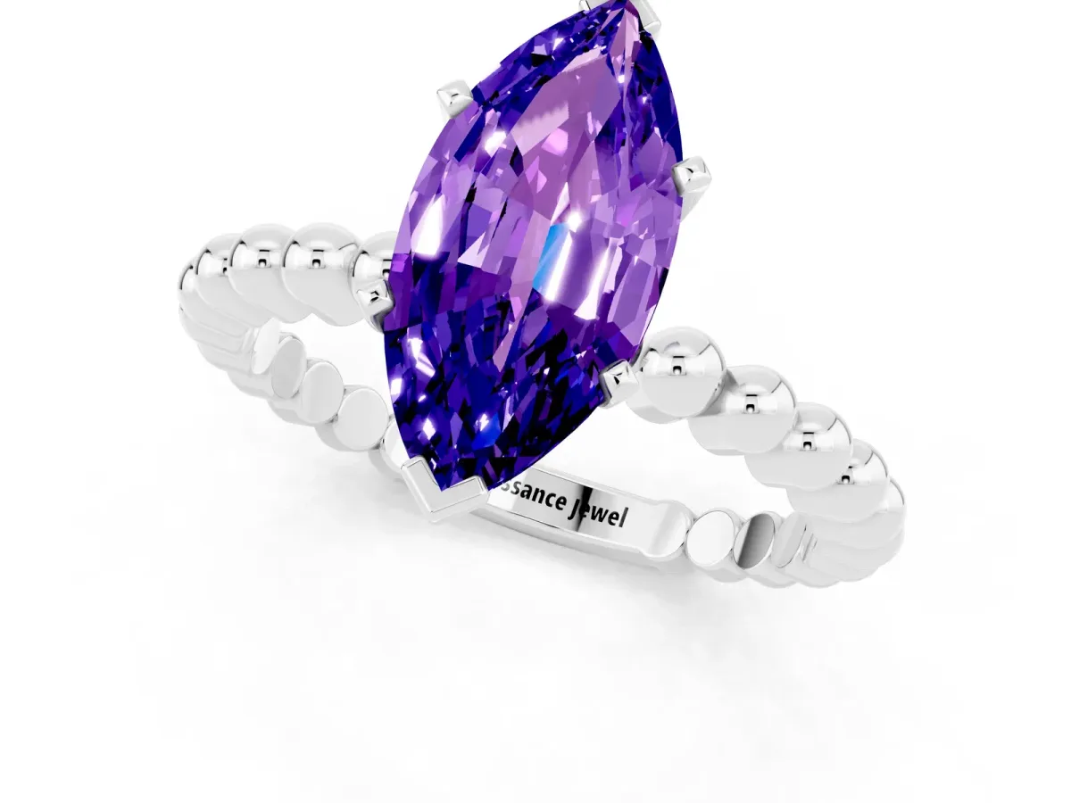 Marquise Cut Tanzanite Solitaire Ring with Beaded Band and Prong Setting Silver