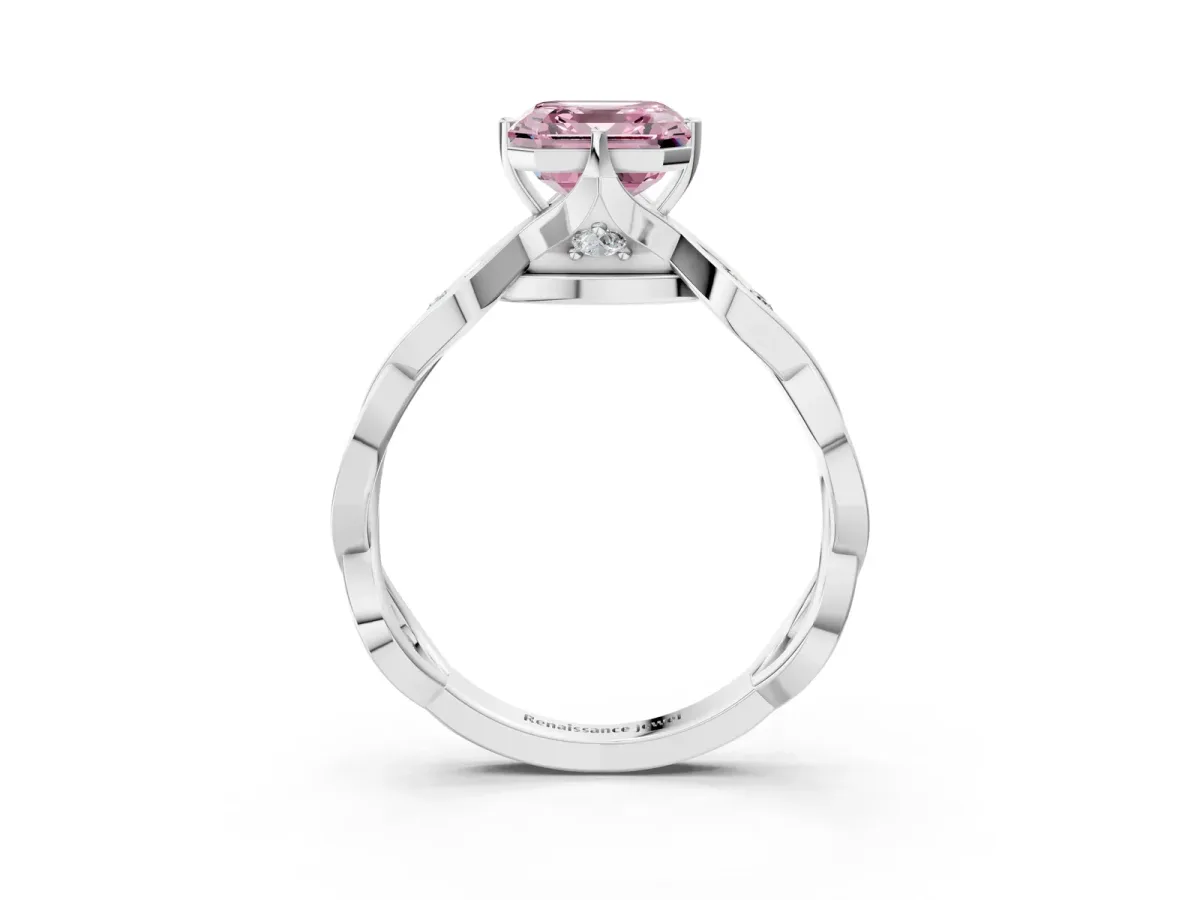 Fancy Pink Asscher Cut Solitaire Twist Band with Leaf Prong Setting Platinum