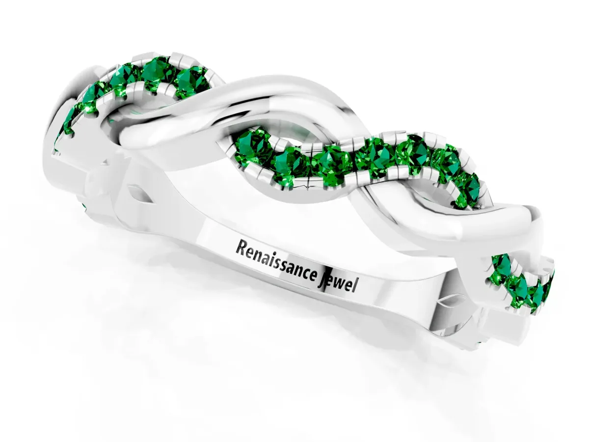 Pavé Round Emerald Twist Eternity Band with Shared Prong Setting Silver