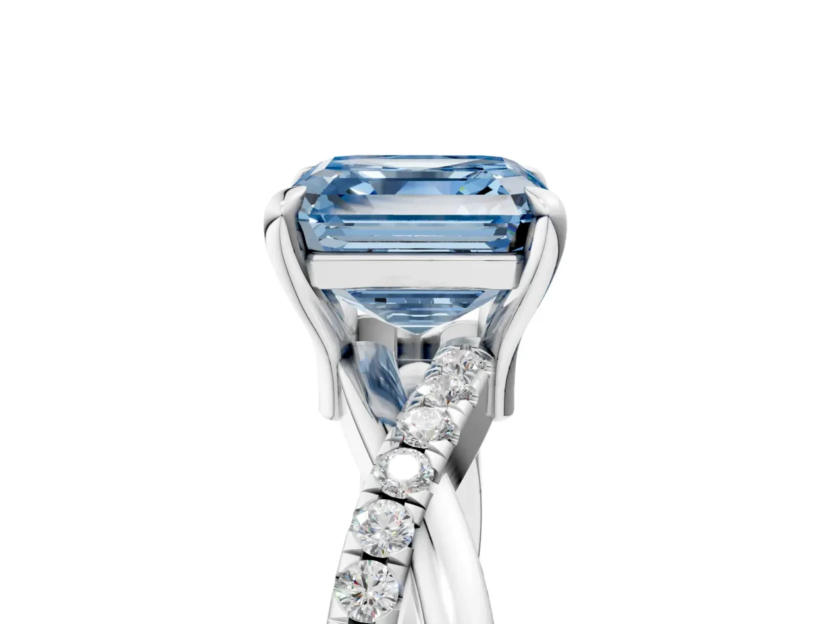 Fancy Blue Asscher Cut Cut Twist Band Solitaire Diamond Ring with Pavé Setting Platinum