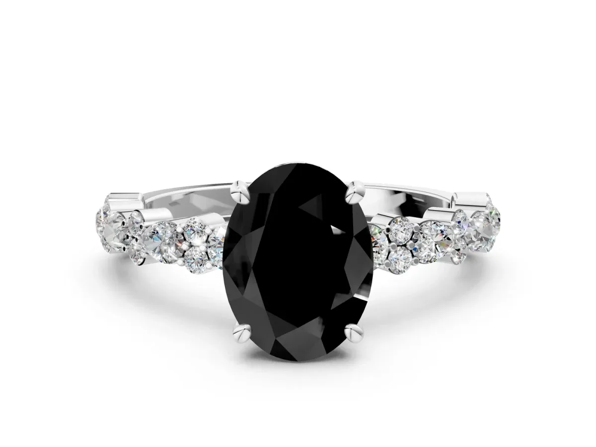 Fancy Black Oval Cut Diamond Side Stone Solitaire Ring with Round and Four-Prong Setting Platinum