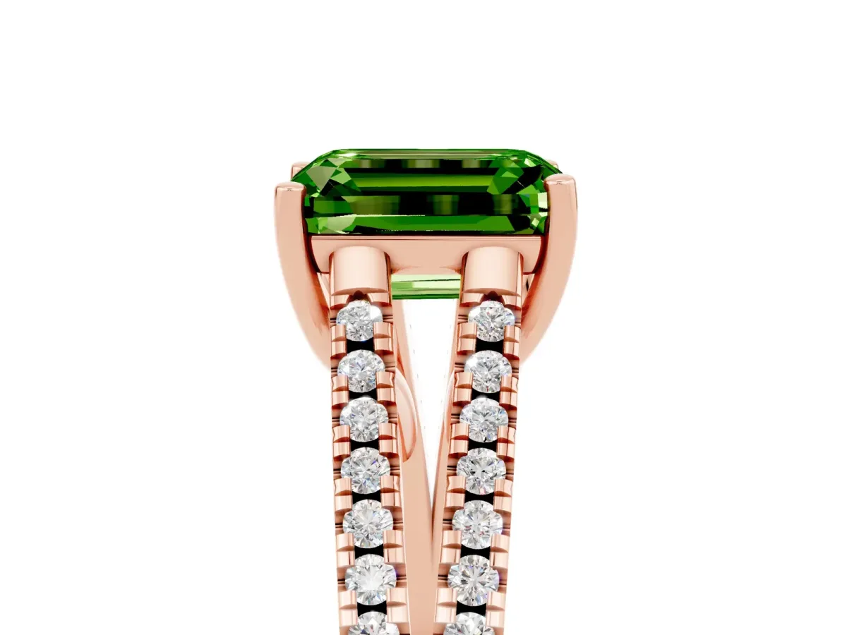 Emerald Cut Peridot Solitaire Engagement Ring with Split Shank Pavé Band Rose gold