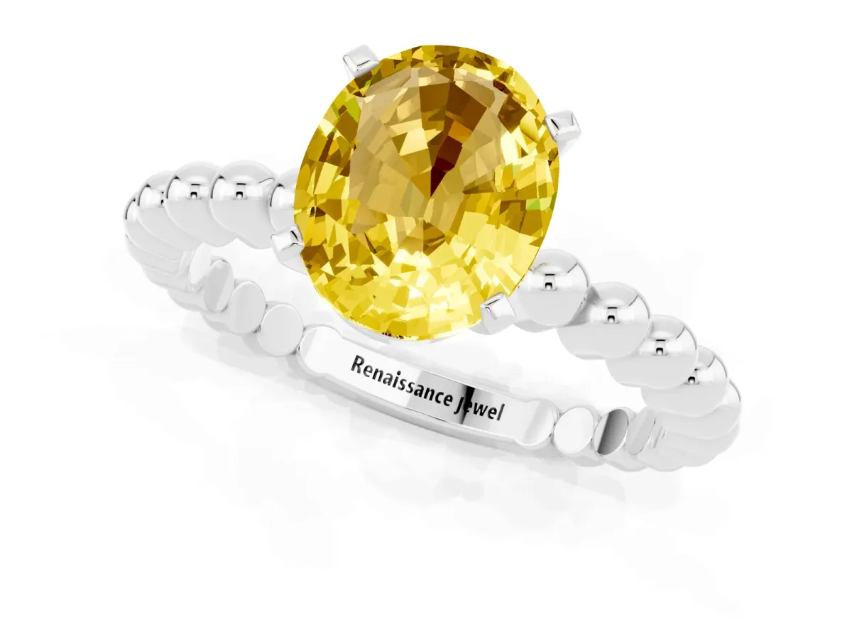 Oval Cut Yellow Sapphire Solitaire Ring with Beaded Band and Prong Setting Platinum