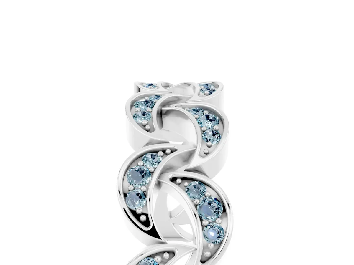Pavé Round Aquamarine Interlocking Eternity Band with Bezel Prong Setting Silver